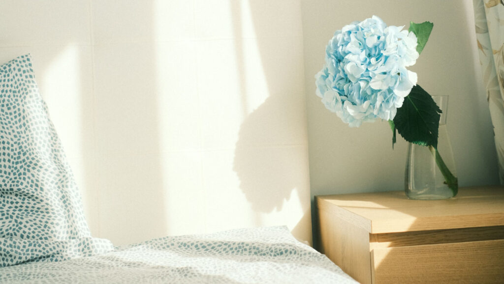 Sunlit bedroom with soft blue and white bedding and a blue hydrangea, illustrating how much sleep adults really need